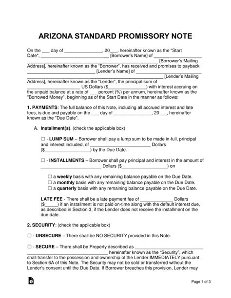 Free Promissory Note Template Arizona